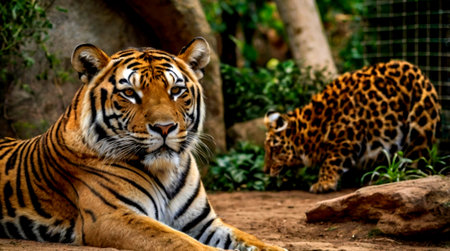Close up view of a tiger resting in a zoo in the summer