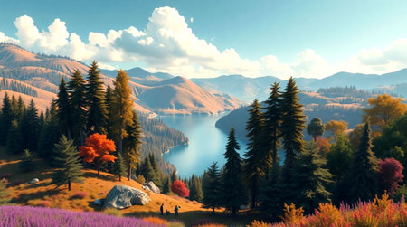 Beautiful autumn landscape with lake and mountains in the background, 3d render