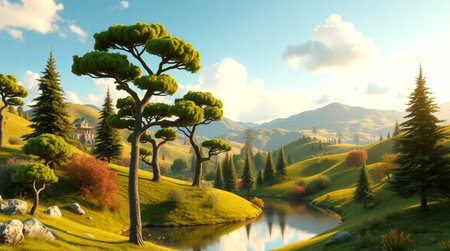 Fantastic landscape with lake and pine trees. 3d renderの写真素材