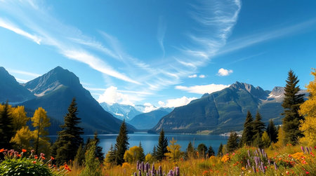 Beautiful alpine landscape with lake and mountains in autumn, Canada