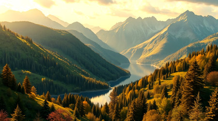 Beautiful mountain landscape with lake and forest at sunset. Panorama