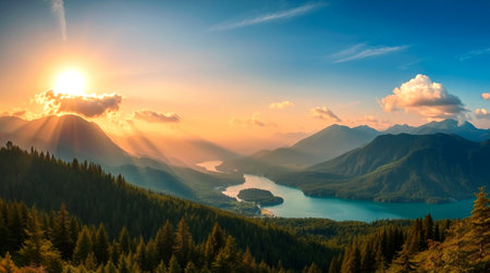 Sunset in the mountains. Panoramic view of the lake and mountains.