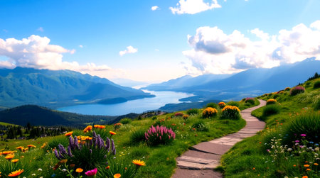 Beautiful panoramic view of the lake and mountains in summerの写真素材