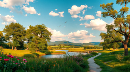 Panoramic view of beautiful summer landscape with lake and meadow