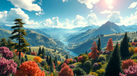 Beautiful autumn landscape with colorful forest and lake. 3d renderの写真素材