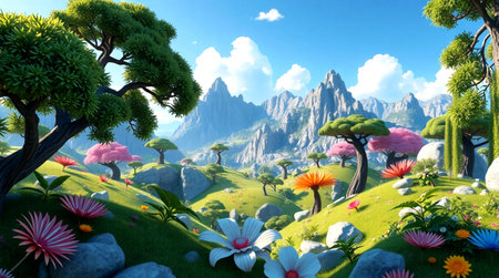 Beautiful fantasy landscape with flowers and mountains. 3D rendering.の写真素材