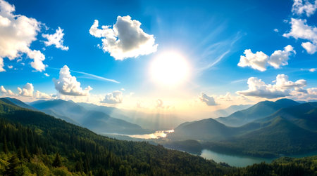 panoramic view of mountain lake and forest under blue sky with clouds
