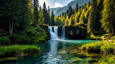 Beautiful waterfall in the Alps. Landscape with a waterfall.の写真素材