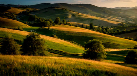 Tuscany landscape with rolling hills and meadows, Italy.