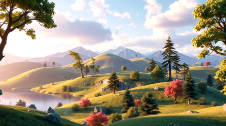 Panoramic view of alpine meadows and mountains at sunsetの写真素材