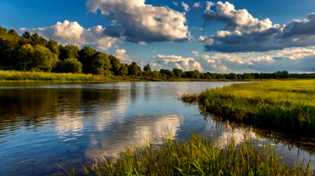 Beautiful summer landscape with river and blue sky with clouds reflected in water