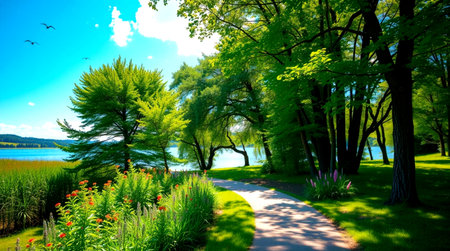 beautiful summer landscape with lake and green trees, blue sky and sunの写真素材