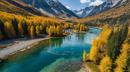 Aerial view of alpine lake in autumn. Beautiful mountain landscapeの写真素材
