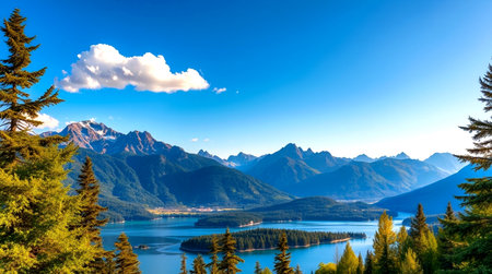 Panoramic view of the lake and mountains in the background.