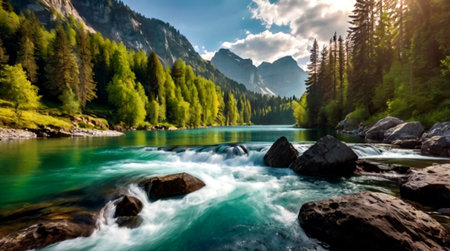 Mountain river in the Alps. The concept of active and photo tourism