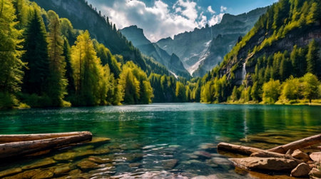 Beautiful alpine lake with clear water and mountains in the background