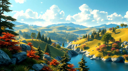 Fantasy landscape with mountains and river. Digital painting. 3D illustration.の写真素材