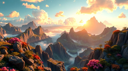 3D rendering of a beautiful fantasy landscape with mountains and flowers.