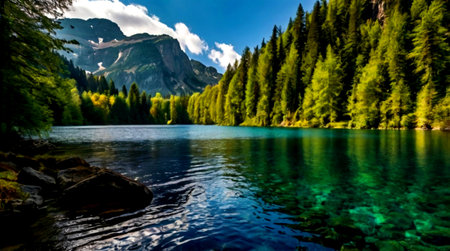 Panoramic view of the turquoise water of Lake Braies, Dolomites, Italy