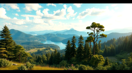panoramic view of the mountains and the lake. 3d renderの写真素材