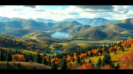 Colorful autumn mountain landscape with lake and forest. 3D rendering