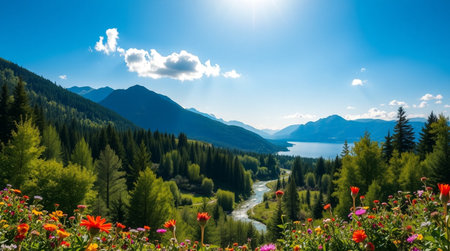 Mountain landscape with lake and meadow in the foreground, Austriaの写真素材