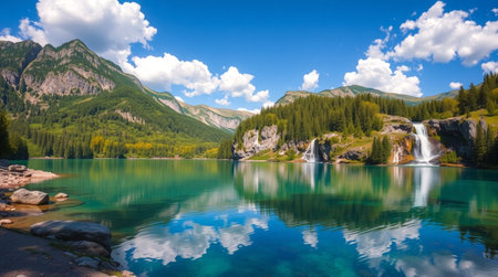 Beautiful alpine lake in the mountains with clear water and blue sky