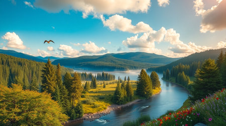 Panoramic view of the mountain river. Colorful summer landscape.