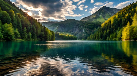 Panoramic view of beautiful alpine lake in the Austrian Alps