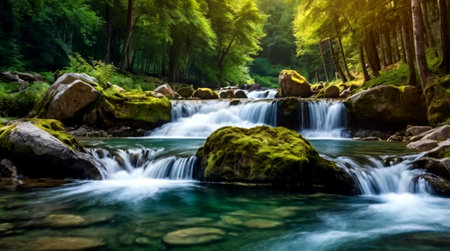 Panoramic view of a beautiful waterfall in the forest. Summer landscape.の写真素材
