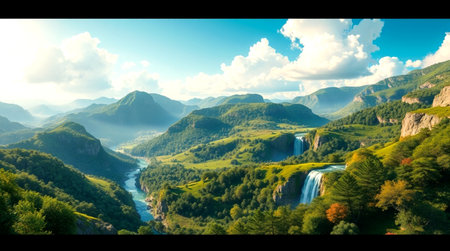 Panorama of a waterfall in the mountains. Beautiful summer landscape.の写真素材