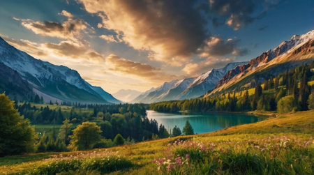 Sunset in the mountains. Summer landscape with lake and forest.の写真素材