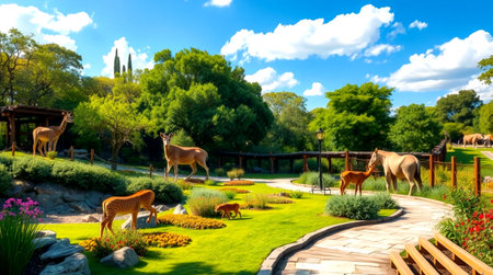 Beautiful view of a park with fawns and other animals.の写真素材
