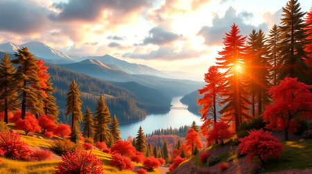 Fantastic autumn landscape with lake and mountains at sunset. 3d renderの写真素材