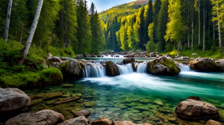 Beautiful view of the mountain river with clear water and green forestの写真素材