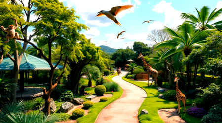 Giraffe walkway in the tropical garden with green plants and birds.の写真素材