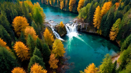 Autumn landscape with colorful forest and waterfalls. Aerial view.