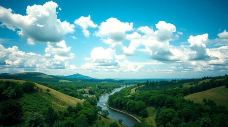 Beautiful summer landscape with river and blue sky with clouds. Toned.