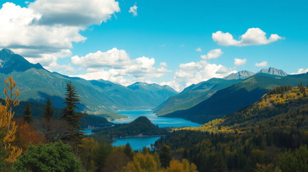 panoramic view of alpine lake in autumn, New Zealandの写真素材
