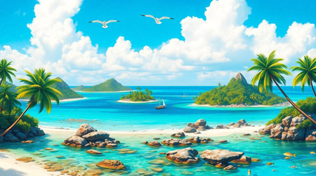 Beautiful tropical island with palm trees, turquoise sea and blue sky.