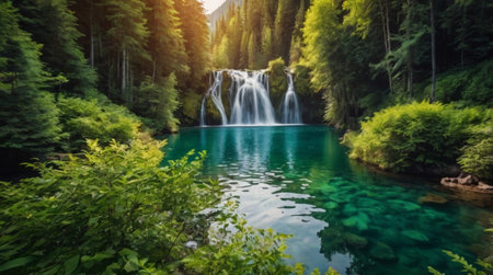 Panoramic view of beautiful waterfall in the forest. Summer landscape