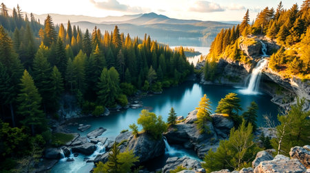 Aerial view of mountain lake and forest at sunrise. Beautiful nature landscapeの写真素材