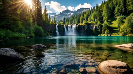 Beautiful alpine lake with waterfall and mountains in the background.の写真素材