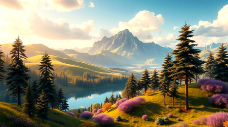 Fantastic spring landscape with lake and mountains. 3d renderの写真素材