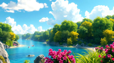 Beautiful summer landscape with azure water and pink flowers. 3d renderingの写真素材
