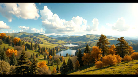 Autumn landscape with lake and blue sky. 3d render.の写真素材