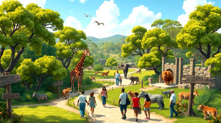 Giraffe in the park with tourists.の写真素材