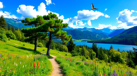 Alpine meadow with blooming flowers and bird flying over the lake