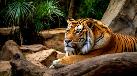 Siberian Tiger lying on the rock in the zoo, Thailand.の写真素材