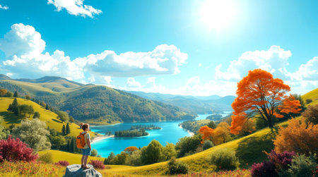 Girl standing on the edge of a cliff and looking at the lakeの写真素材